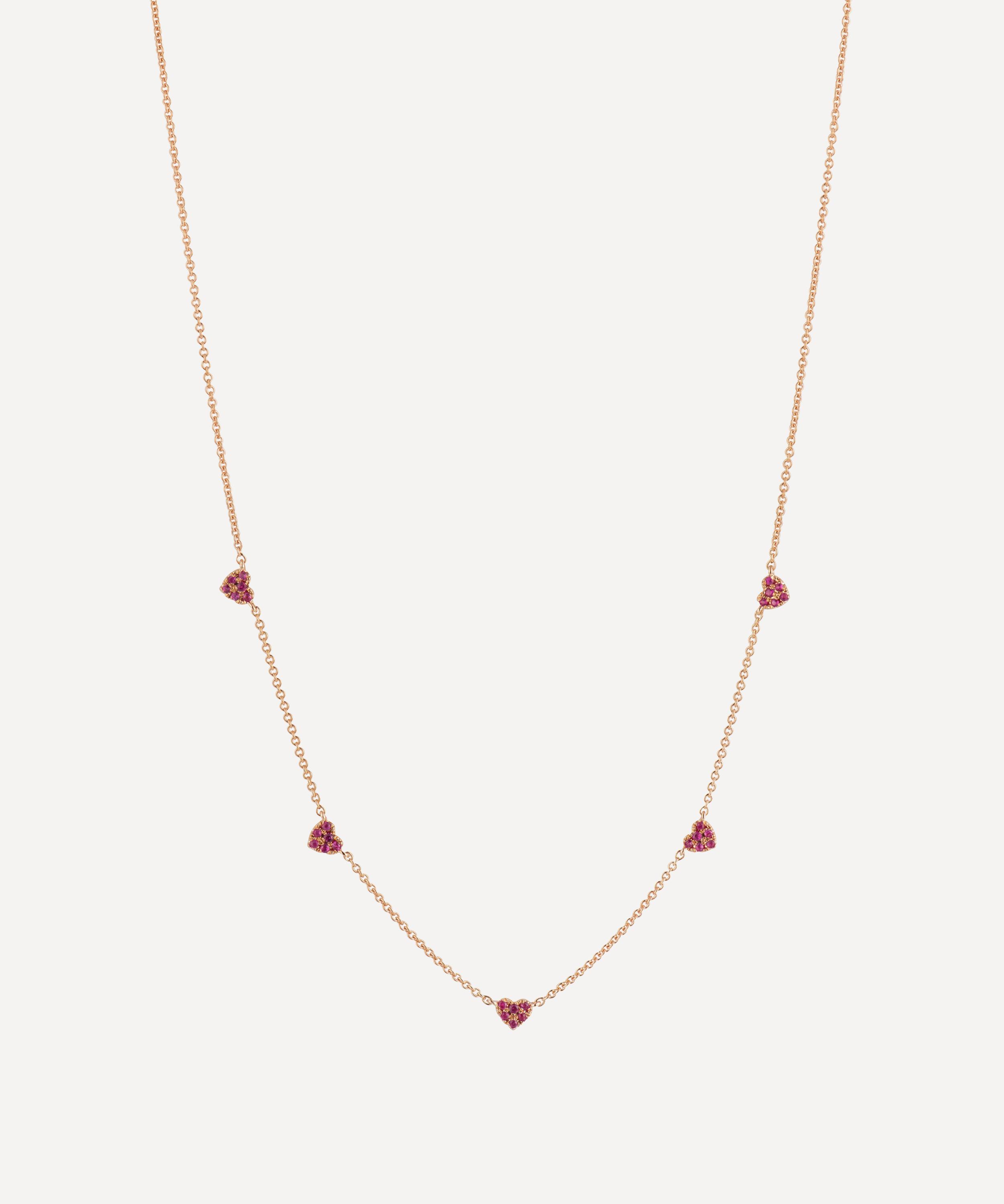 14ct Gold Many Mini Pink Sapphire Heart Station Necklace