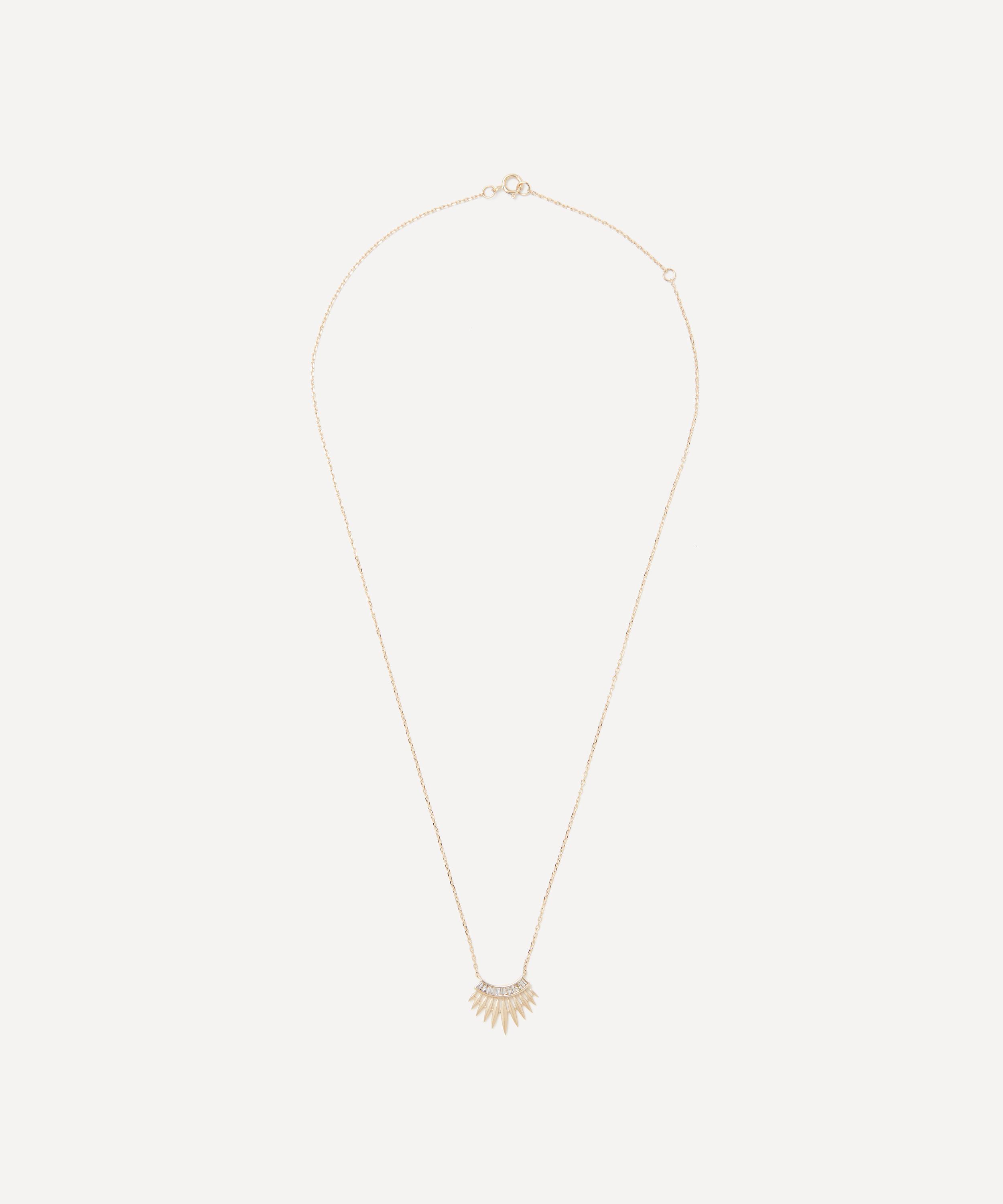 14ct Gold Baguette Diamond Rising Sun Pendant Necklace