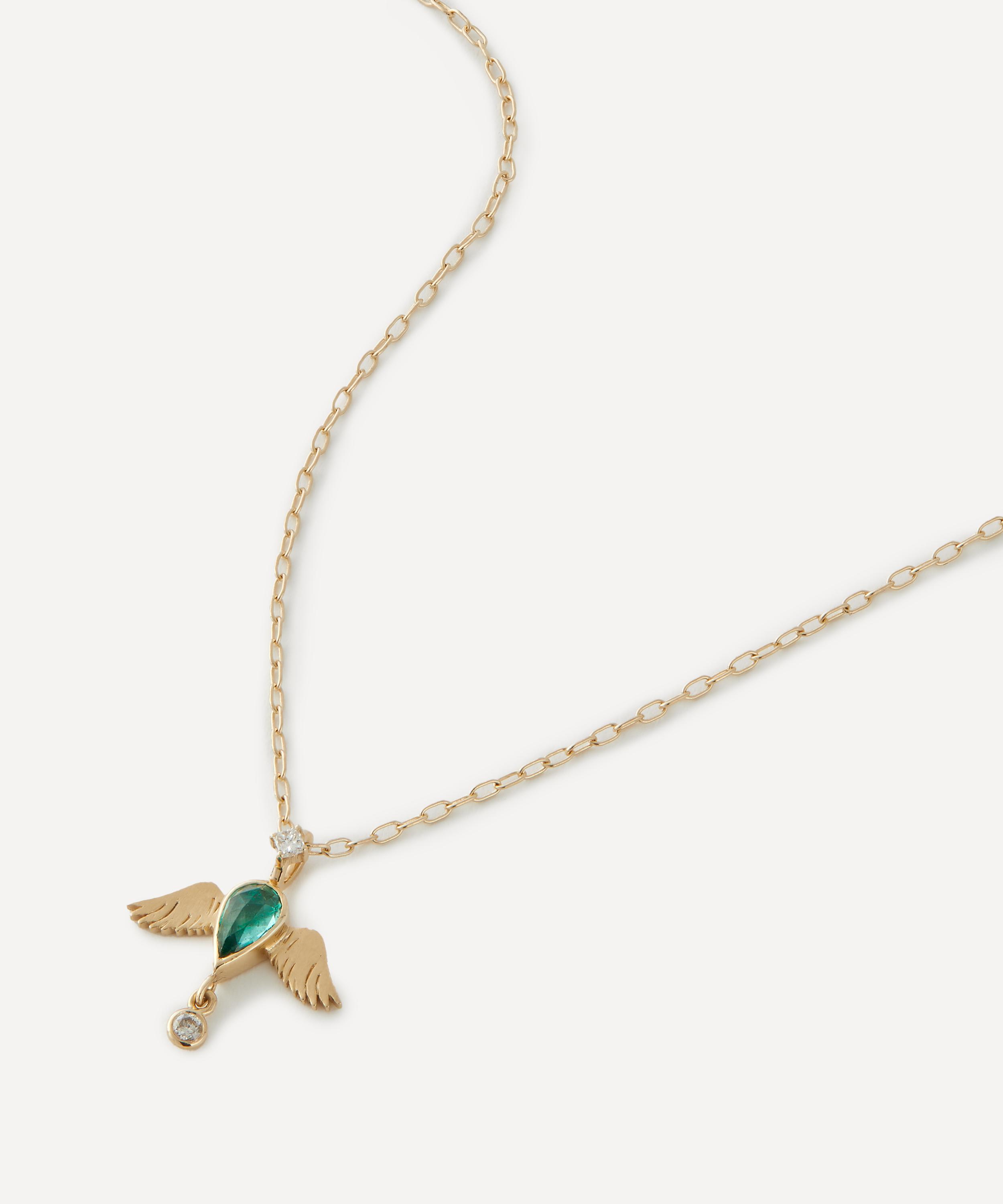 14ct Gold Emerald Pear and Diamond Angel Pendant Necklace