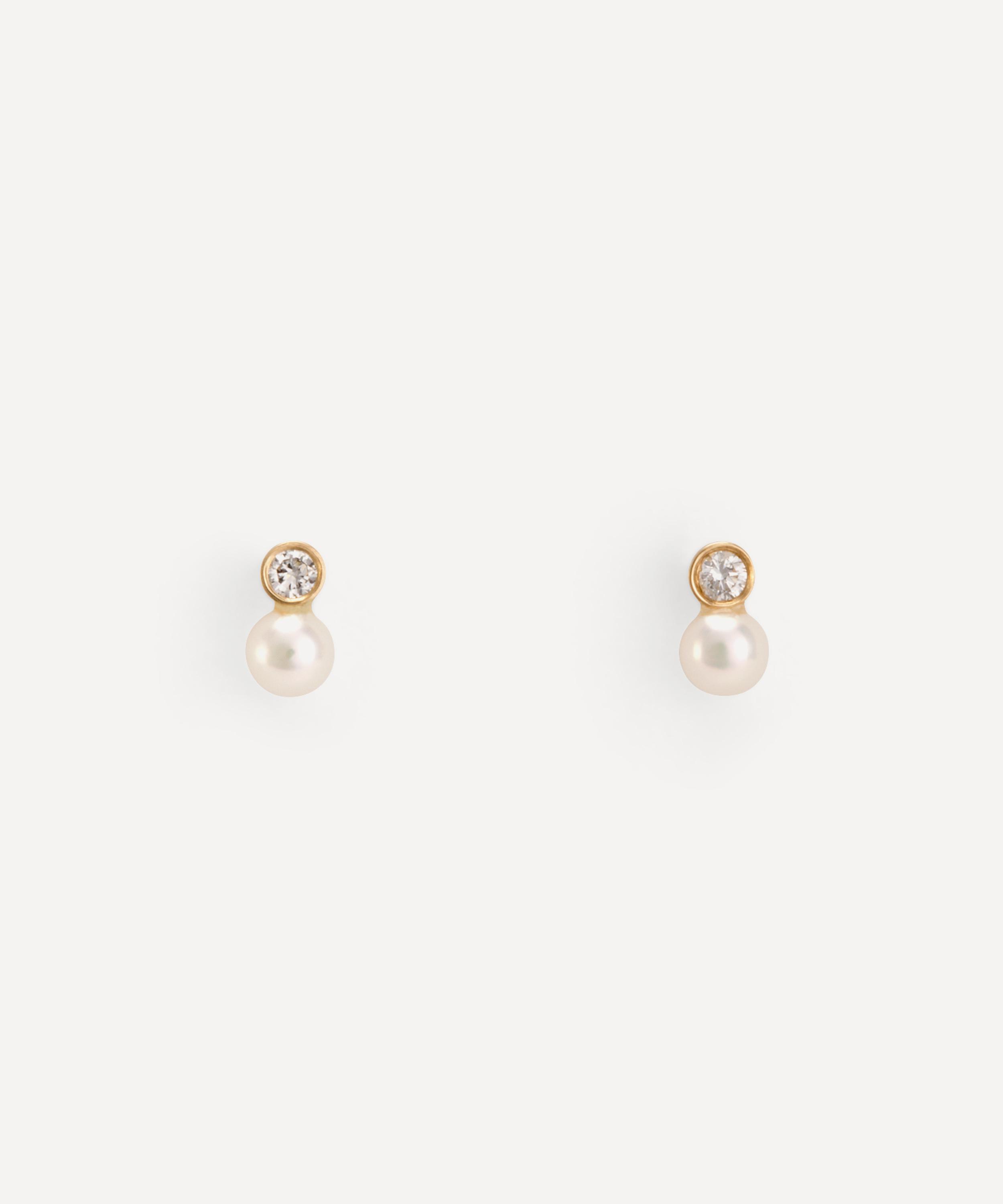 18ct Gold Mixed Media Pearl and White Diamond Stud Earrings