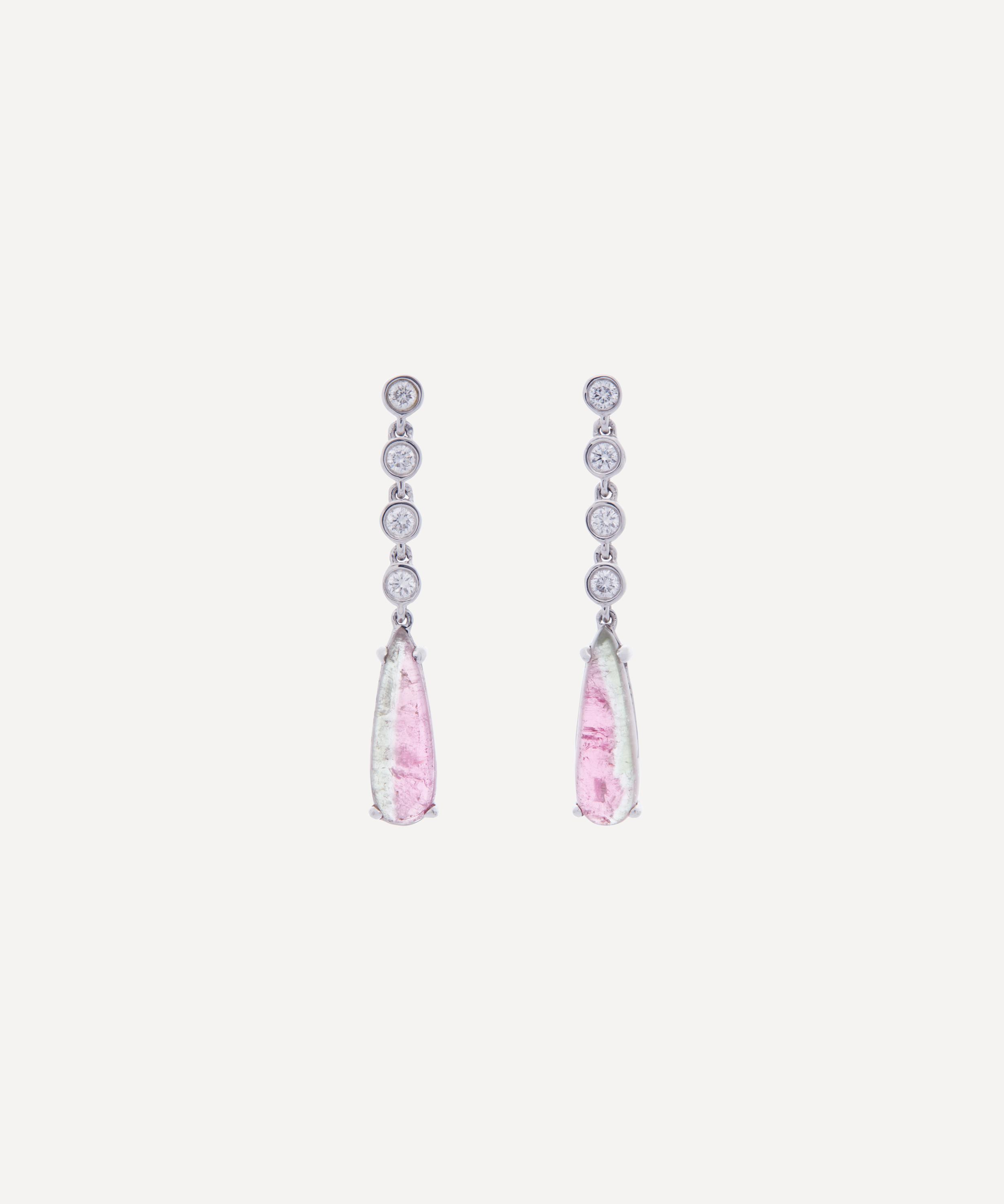18ct White Gold Watermelon Tourmaline and Diamond Drop Earrings
