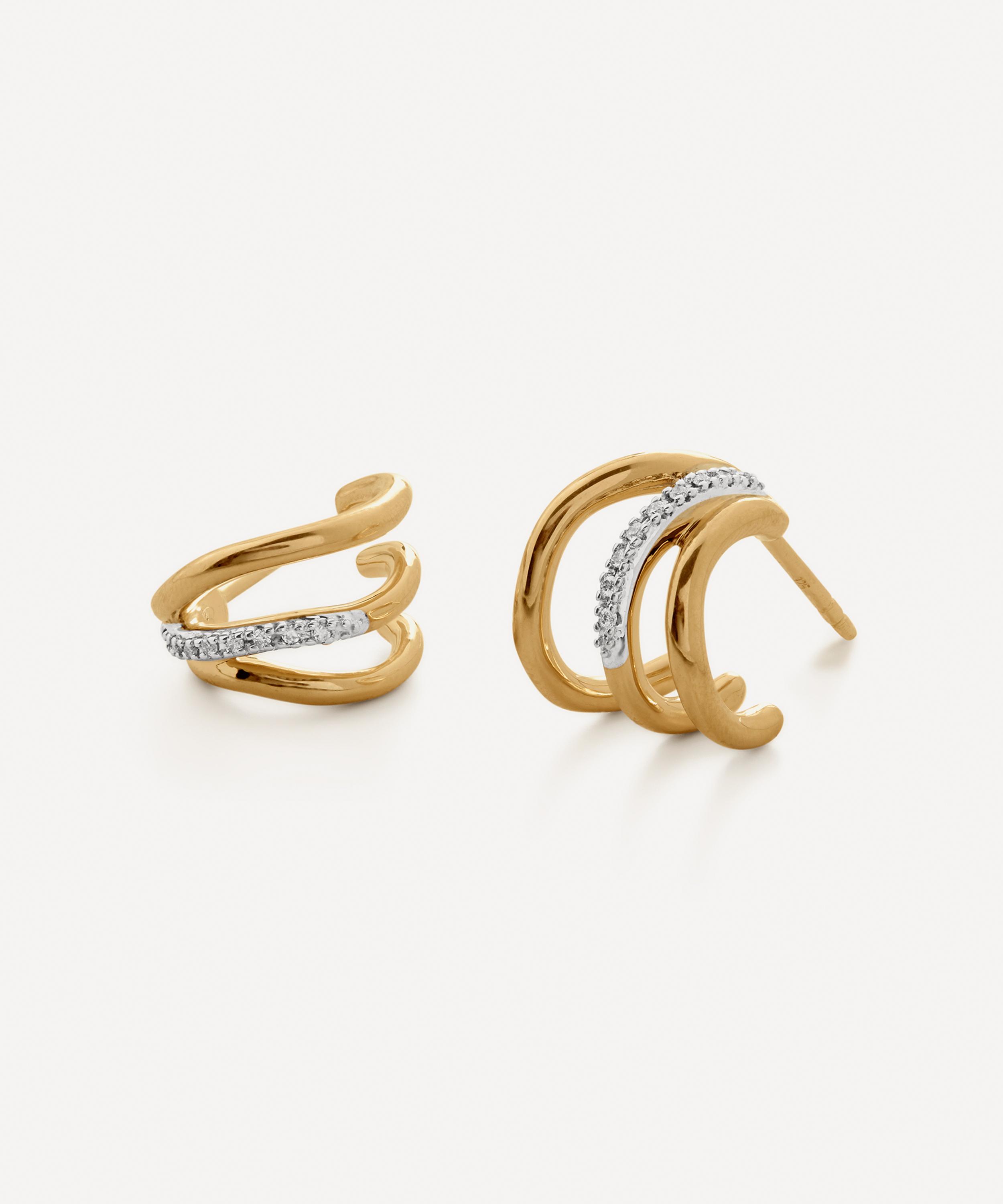 18ct Gold-Plated Vermeil Silver Riva Diamond Triple Wave Hoop Earrings