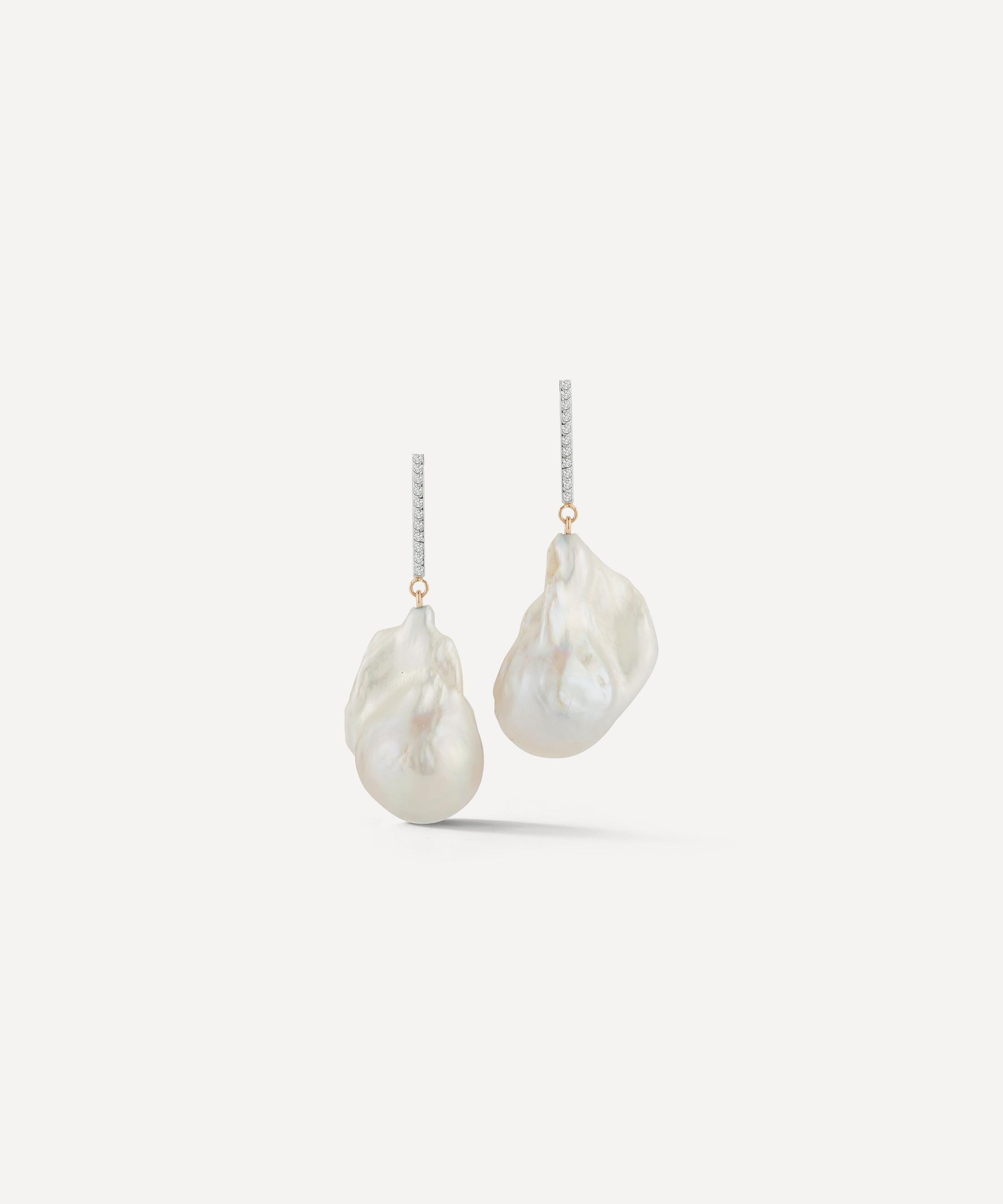 14ct Gold One-Of-A-Kind Baroque Pearl and Diamond Drop Earrings