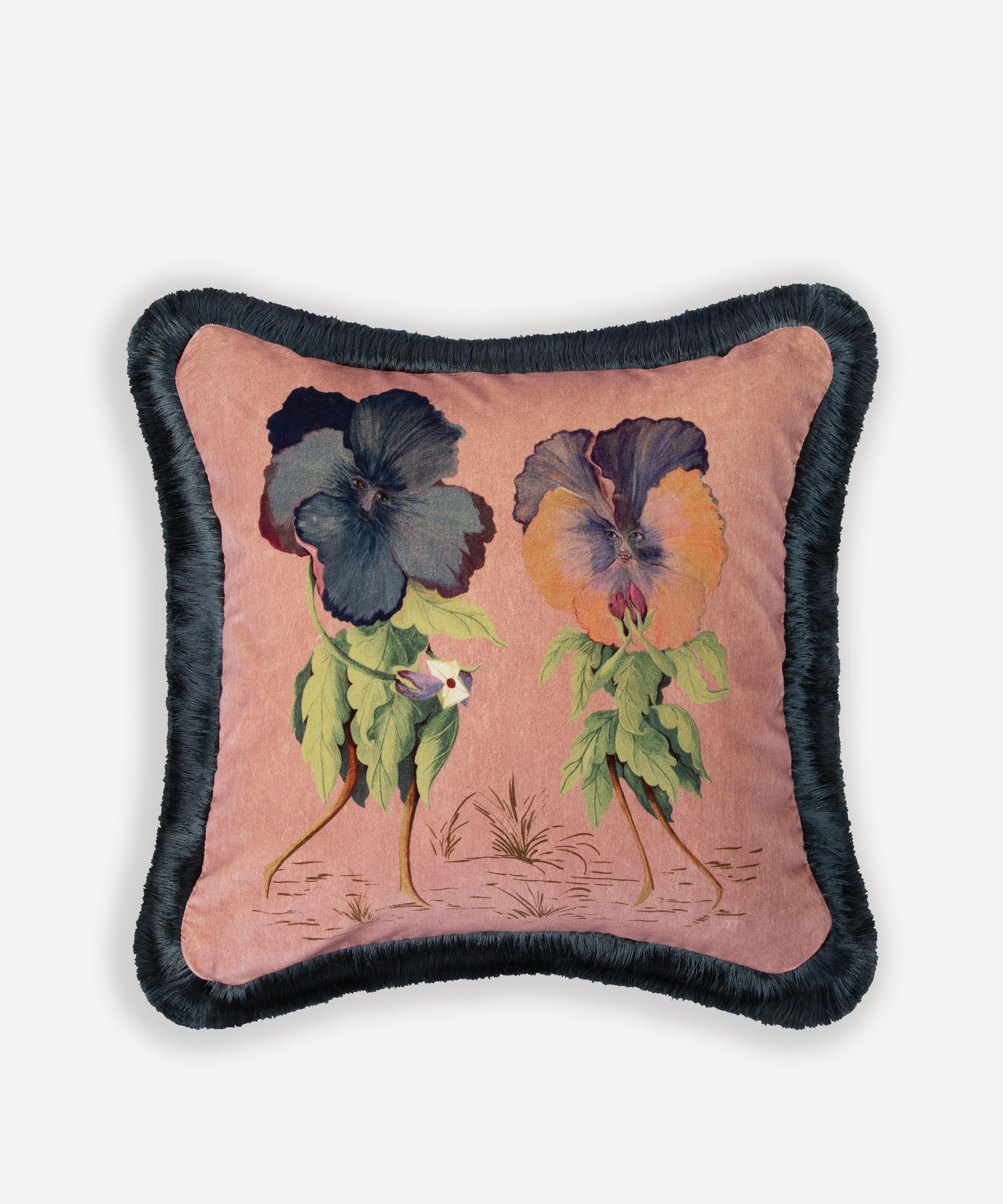 Amatoria Pansies Medium Cotton Velvet Fringed Cushion