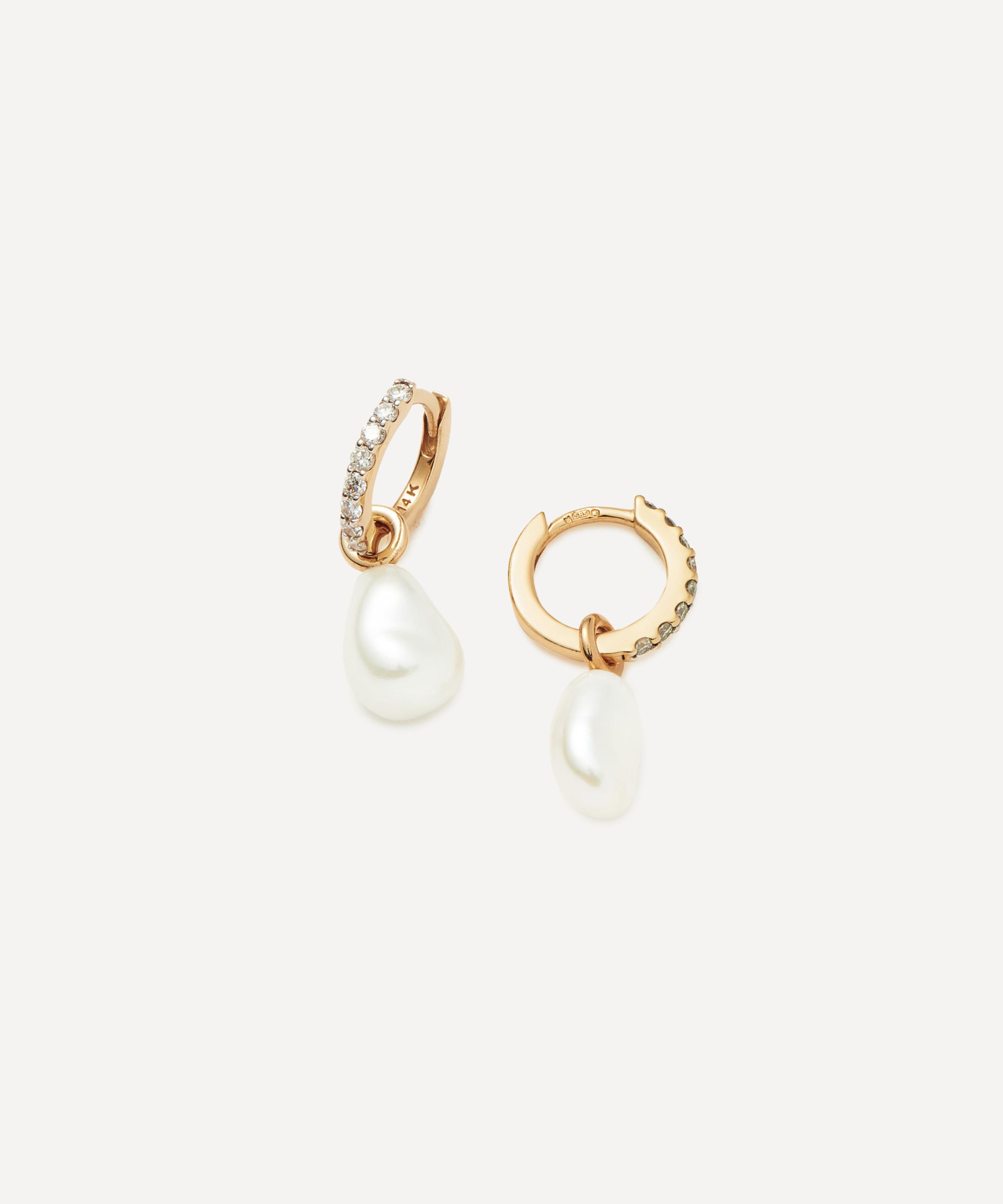 14ct Gold Fine Diamond and Pearl Charm Hoop Earrings
