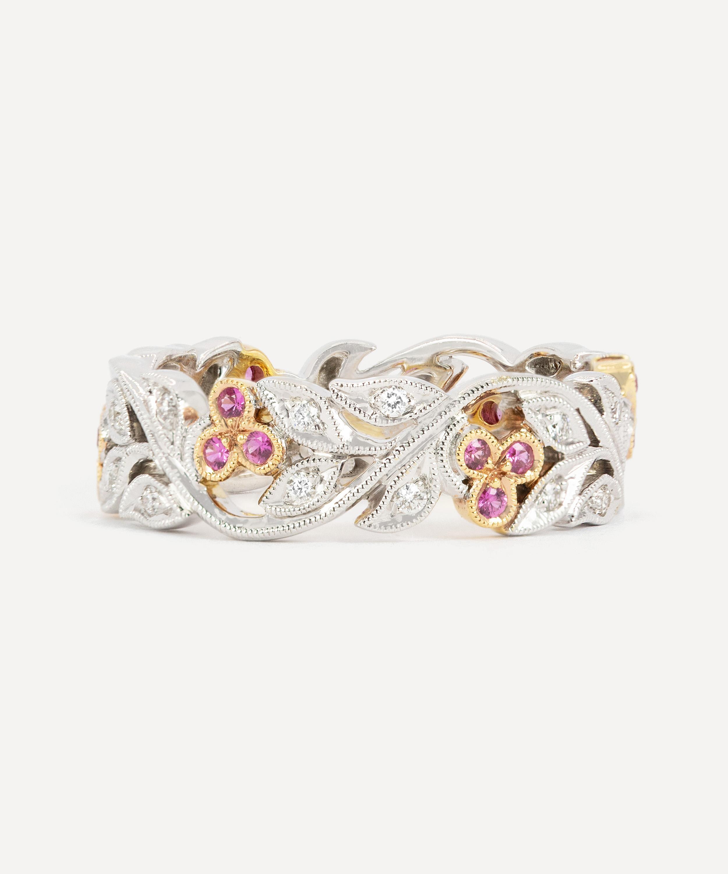 18ct White Gold and Rose Gold Pink Sapphire Floral Band Ring