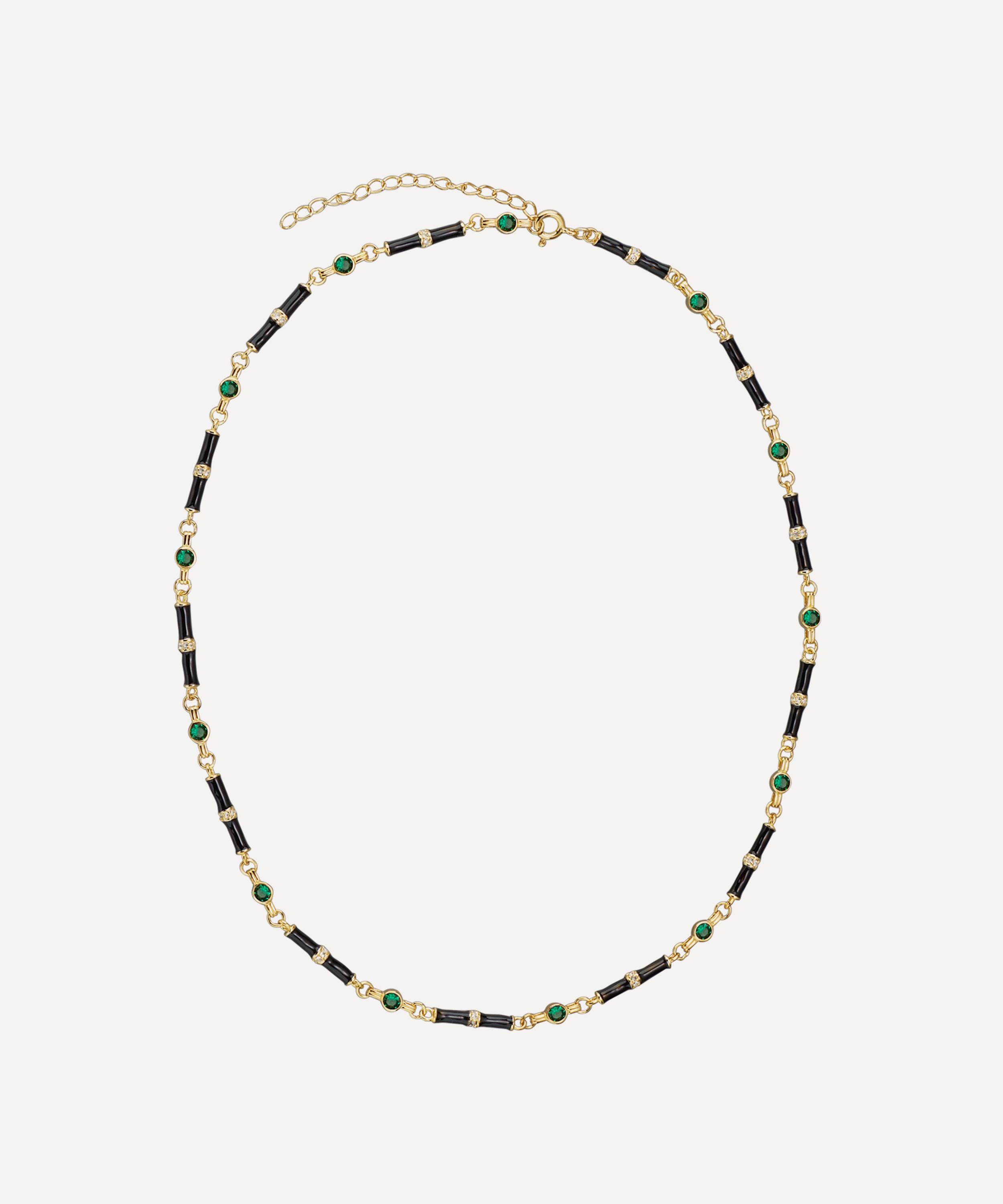 18ct Gold-Plated Marlowe Black Enamel and Green Stone Necklace